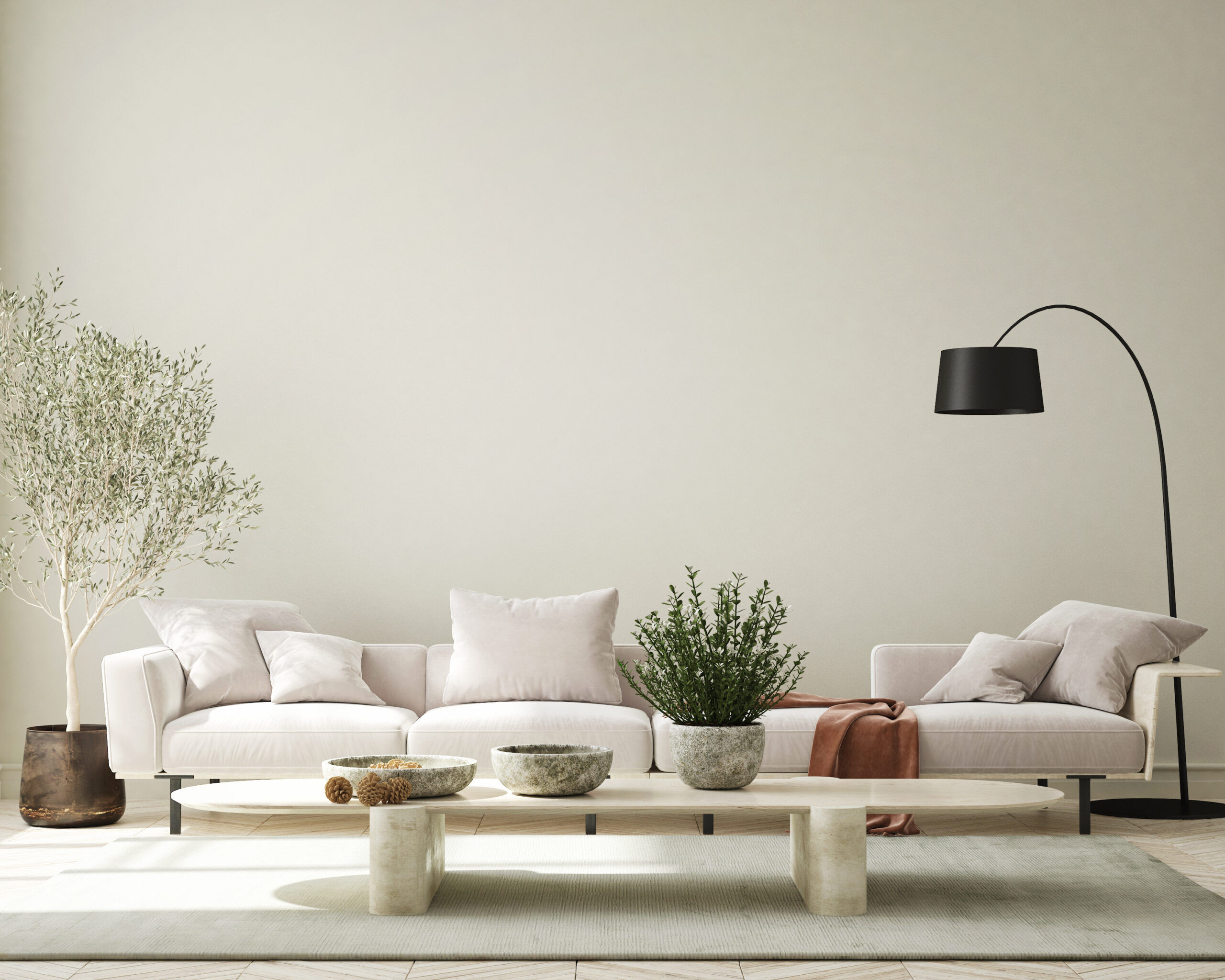 Mock up Wall, modern home interior background, living room, scandinavian style, 3D render, 3D illustration